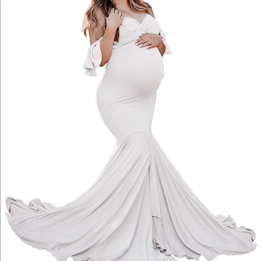 Fitted Off Shoulder Maxi Maternity Dress / Gown